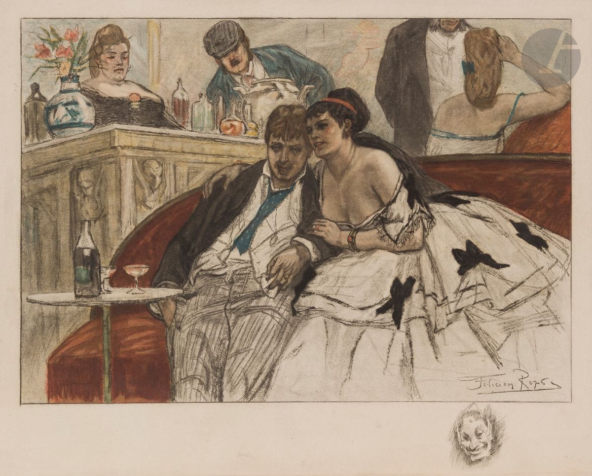 Félicien Rops (1833-1898) (d’après)
Le Gandin ivre. 1910. Gravé par A. Bertrand. 485 x 385. Exsteens 855. Impression en couleurs. Belle épreuve sur vélin crème fort, avec remarque à l’eau-forte (tête de faune). Légère oxydation et empoussiérage aux bords du feuillet. Petite tache brune circulaire sous l’angle inférieur gauche du sujet. Toutes marges.