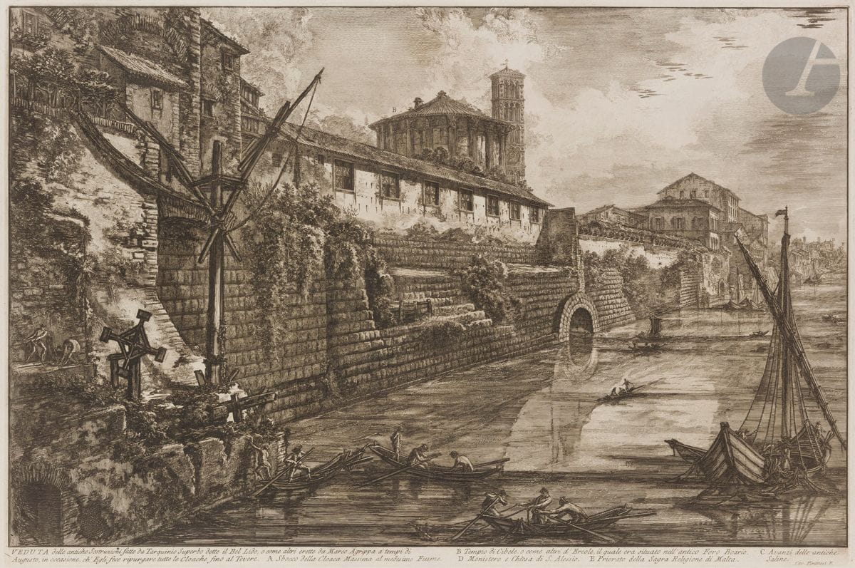 Giambattista Piranesi (1720-1778)
Veduta del antiche Sostruzioni… (Vue de la Cloaca Massima à l’endroit où elle se décharge dans le Tibre). 1776. Eau-forte et burin. 670 x 445 [760 x 540]. Hind 125 (i/iii). Très belle et fraîche épreuve sur vergé fort, avant le numéro 57. Numéro de folio 58 à la plume et à l’encre sépia dans l’angle supérieur droit. Pli vertical médian normal. Quelques rousseurs claires éparses. Bord gauche irrégulier, légèrement déchiqueté, avec petits trous d’onglets de reliure. Grandes marges. 1er tirage parisien.