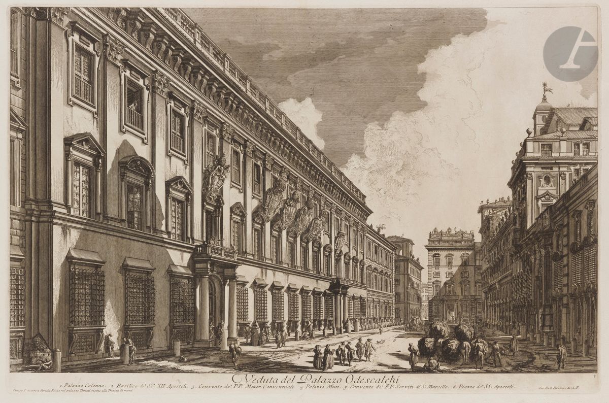 Giambattista Piranesi (1720-1778)
Veduta del Palazzo Odescalchi (Palais Odescalchi). 1753. Eau-forte et burin. 620 x 400 [764 x 540]. Hind 26 (iii/v). Très belle et fraîche épreuve sur vergé fort, le prix effacé, avant le numéro 6. Numéro de folio 44 à la plume et à l’encre sépia dans l’angle supérieur droit. Pli vertical médian normal. Bord gauche irrégulier, légèrement déchiqueté, avec petits trous d’onglets de reliure. Grandes marges. 1er tirage parisien.
