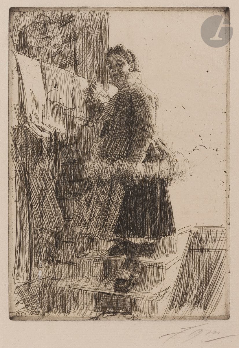 Anders Zorn (Swedish, 1860-1920
)The Storehouse (Hanging in Dalarna). 1903. Etching. 140 x 200. Asplund 169. Very nice proof on thin cream laid paper, signed in pencil. Numbered "35" in red ink on the compositor in the lower right corner on the reverse. Small tear at the head of the sheet. All margins.
