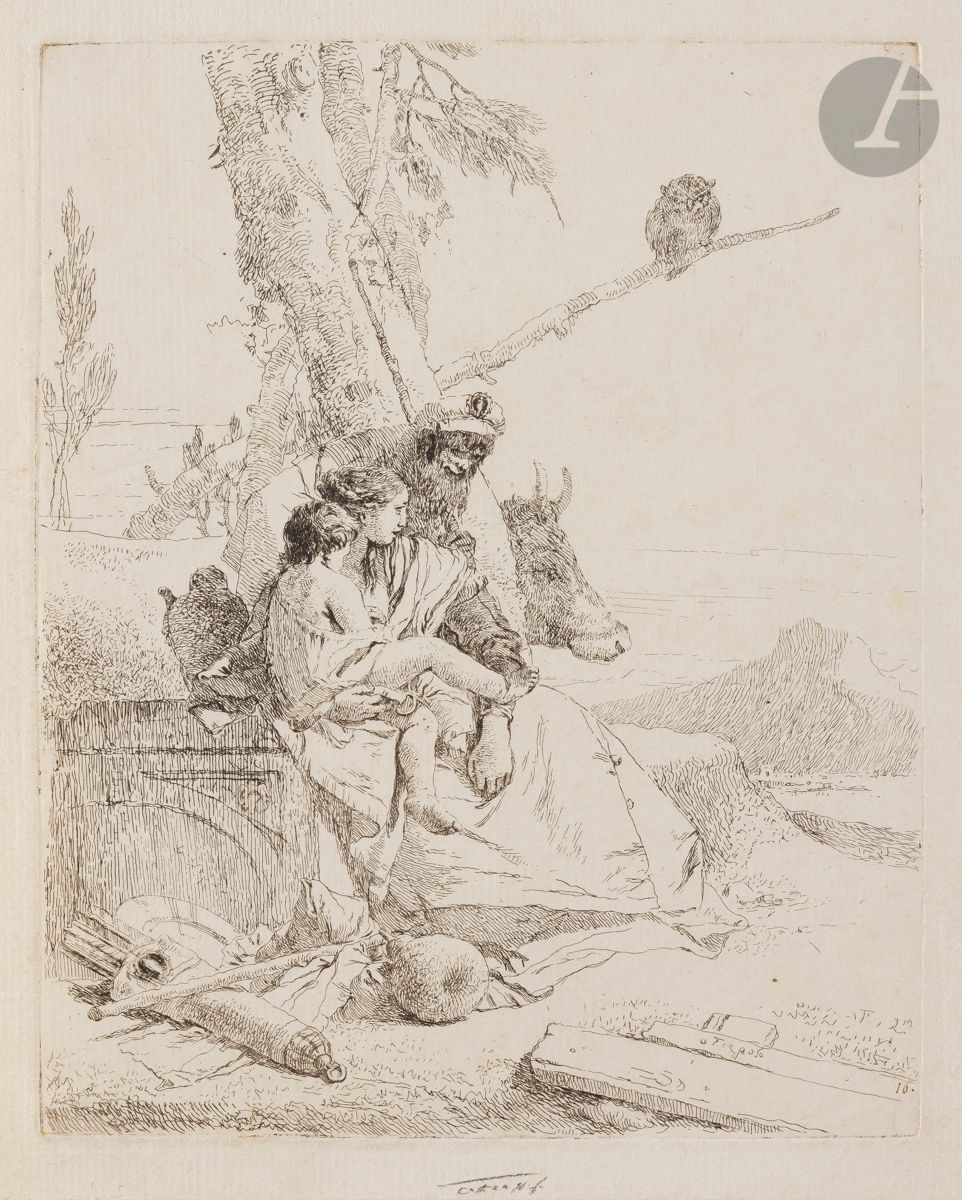 Giambattista Tiepolo (1696-1770)
Le Paysan oriental et sa famille. (Pl. 15 de Schezi di Fantasia). Eau-forte. 172 x 220 [195 x 245]. De Vesme 27. Très belle et fraîche épreuve sur vergé fort, du 1er état (sur 2), avant le numéro. Numéro 16 à la plume et à l’encre sépia dans le bas de la composition à droite. Ex-coll. E. F. G. O. Freiherr von der Malsburg (Lugt 1849 bis).