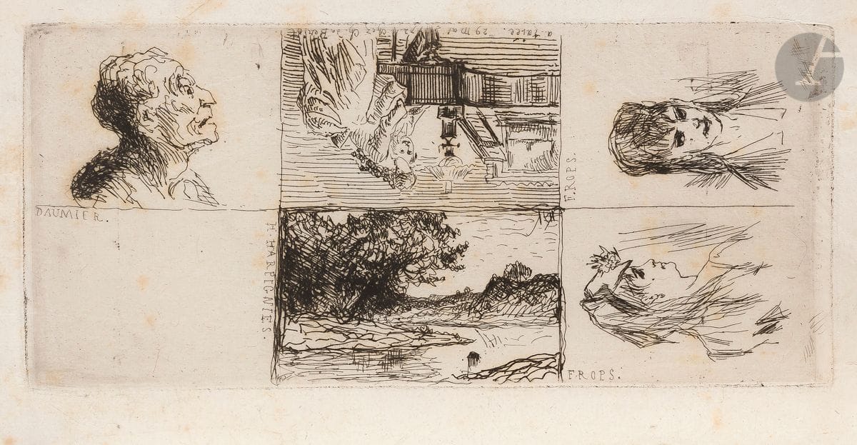 Honoré Daumier (1808-1879) – Henri Harpignies (1819-1916)
Félicien Rops (1833-1898) – Alfred Taïée (1820-1880)
Essai d’eau-forte, ou Planche des quatre peintres, ou Chez Bériot. 29 mai 1872. Eau-forte (1 sujet par Daumier, 1 par Harpignies, 1 par Taïée, 2 par Rops). 225 x 100. Delteil (Daumier) 3955 ; Exsteens (Rops) 671. Rare épreuve d’essai sur chine volant, antérieure au tirage pour l’ouvrage de Champfleury, Catalogue de l’œuvre lithographié et gravé de H. Daumier, 1878. Nombreuses rousseurs claires. Petit arrachement dans un angle. Plusieurs longs fins plis obliques, notamment en travers du sujet de Daumier. Bonnes marges.