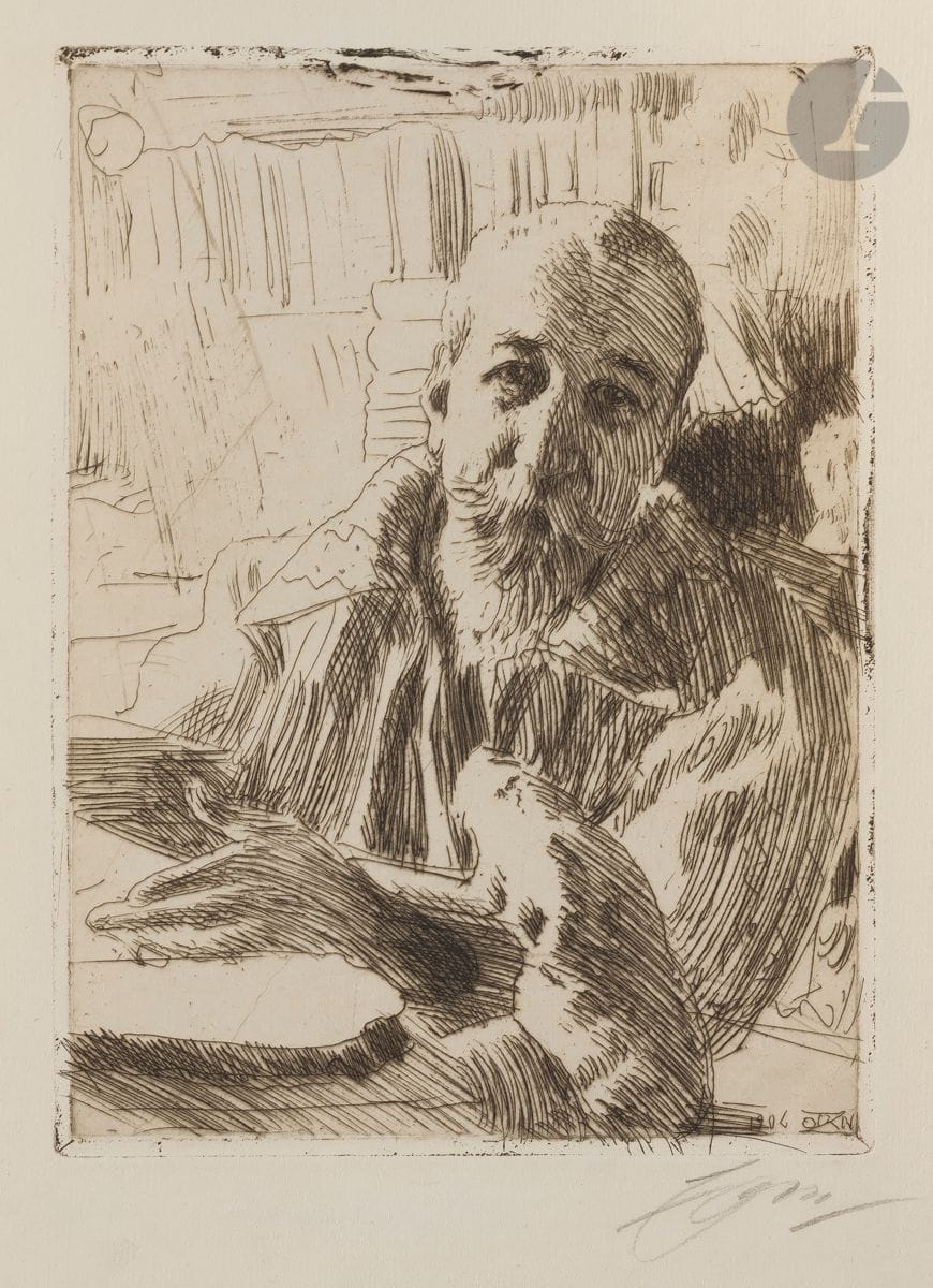 Anders Zorn (Swedish, 1860-1920
)Anatole France. 1906. Etching. 160 x 213. Asplund 204. Very nice proof on cream laid paper, signed in pencil. Small traces of glue at the head on the back. All margins.
