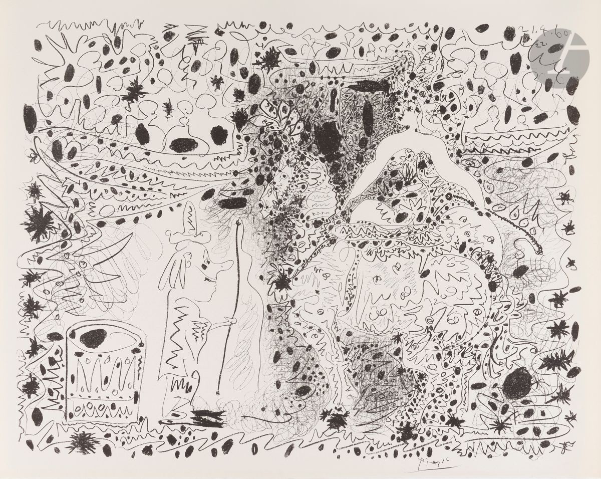Pablo Picasso (1891-1973)
L’Écuyère. 1960. Autographie. 640 x 500. Mourlot 333 ; Bloch 999 ; Güse-Rau 699. Très belle et fraîche épreuve sur vélin blanc, avec la signature lithographiée, du tirage à nombre pour le journal Le Patriote (Nice).