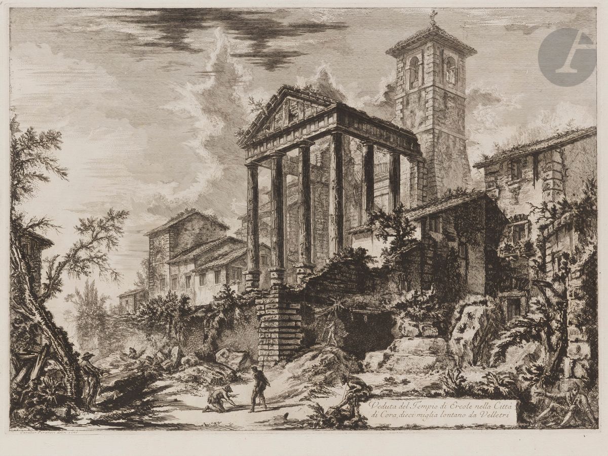 Giambattista Piranesi (1720-1778)
Veduta del Tempio di Ercole nella Città di Cora… (Vue du temple dit d’Hercule dans la ville de Cori). 1769. Eau-forte et burin. 525 x 385 [758 x 535]. Hind 91 (ii/iv). Très belle épreuve sur vergé fort, avant le numéro 64. Numéro de folio 65 à la plume et à l’encre sépia dans l’angle supérieur droit. Pli vertical médian normal. Larges rousseurs claires en marge inférieure et supérieure. Bord gauche irrégulier, légèrement déchiqueté, avec petits trous d’onglets de reliure. Grandes marges. 1er tirage parisien.