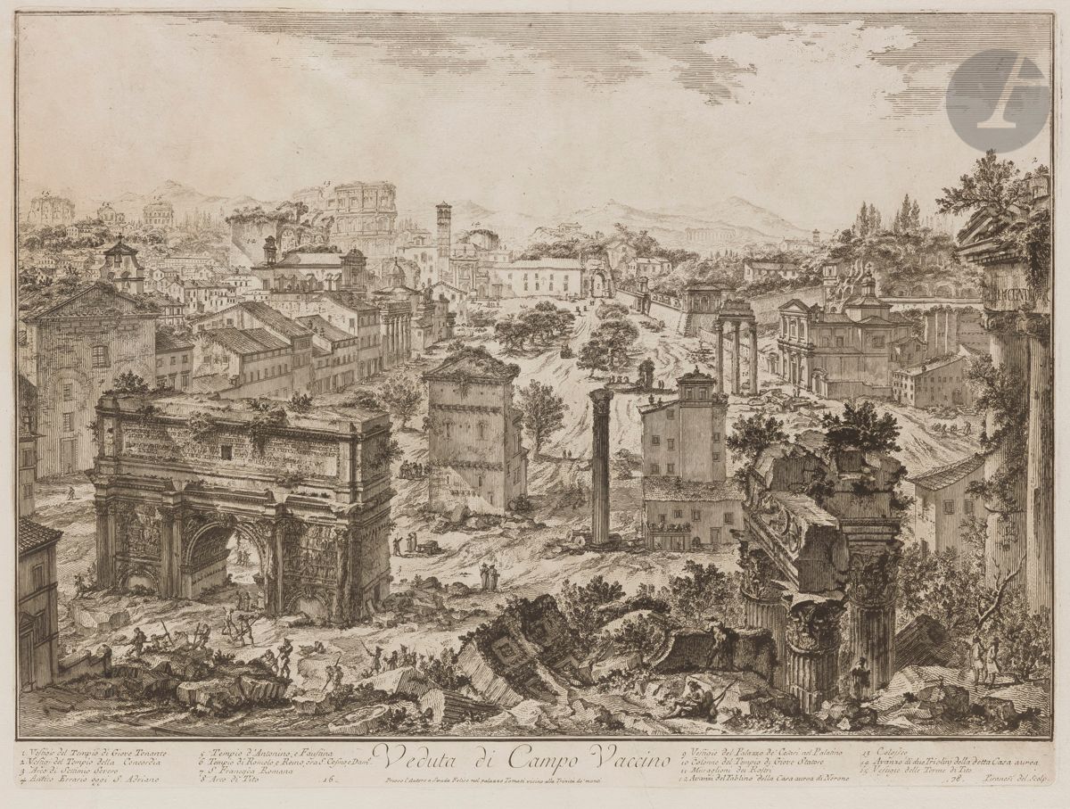 Giambattista Piranesi (1720-1778
)Veduta di Campo Vaccino (View of Camp Vaccino). 1751. Etching and burin. 550 x 405 [765 x 540]. Hind 40 (v/vi). Nice proof on strong laid paper, the price erased, before number 10. Folio number 10 in pen and sepia ink in the upper right corner. Vertical median fold. Long 12 cm oblique tear across lower margin and shelf. Oxidation of the upper left quarter of the folio. Strong, long oblique crease (18 cm) across upper margin and sky on left. Left edge irregular, slightly ragged, with small binding tab holes. Wide margins. First Parisian edition.
