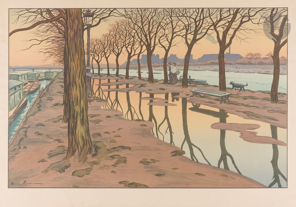 Henri Rivière (1864-1951)
L’Île aux Cygnes. (Paysages parisiens, pl. 1). 1900. Lithographie. 820 x 525. Fields p. 77 ; Sueur 121. Impression en couleurs. Très belle épreuve sur vélin glacé. Déchirure de 30 mm au centre en tête, habilement restaurée au verso. Toutes marges [900 x 645].