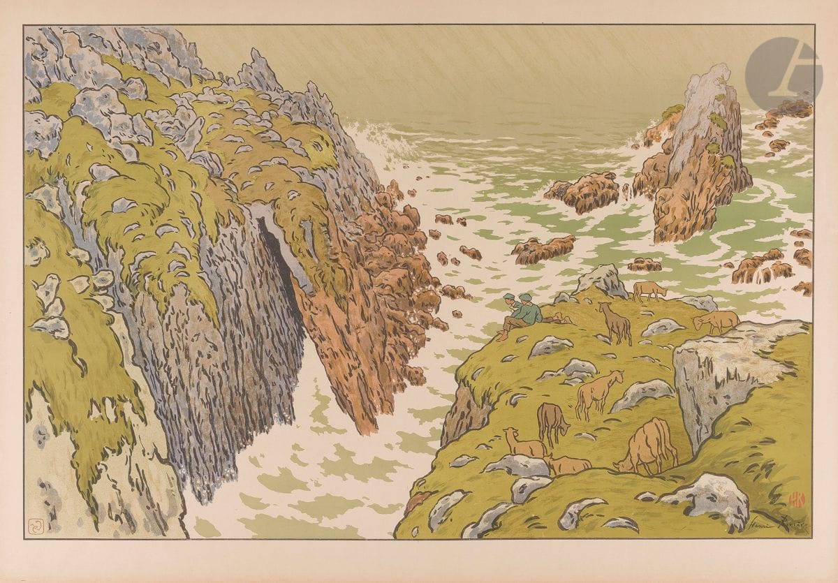 Henri Rivière (1864-1951)
La Falaise. (Aspects de la Nature, pl. 3). 1898. Lithographie. 828 x 550. Impression en couleurs. Fields p. 76. Très belle épreuve sur vélin glacé. Légère oxydation marginale et au verso. Infimes accrocs aux bords du feuillet. Courte déchirure au bord droit. Toutes marges [900 x 645].