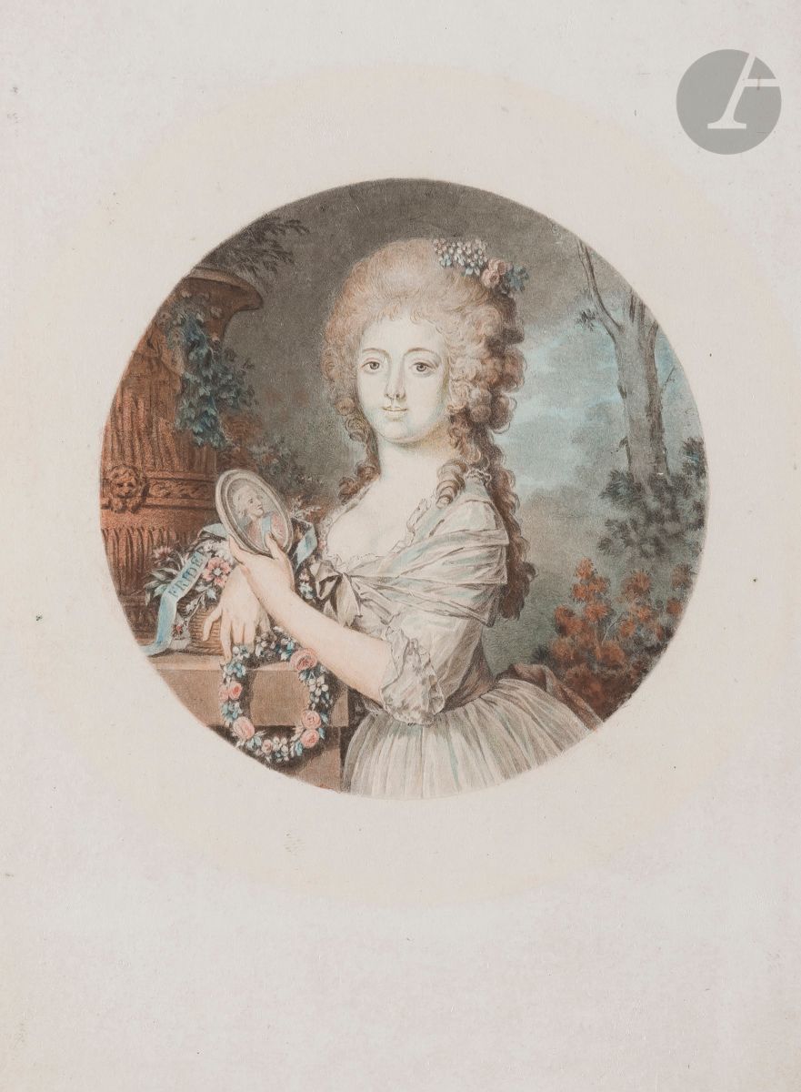 Jean-François Janinet (1752-1814)
Marie-Sophie-Frédérique de Hesse-Cassel, femme de Frederick VI, reine de Danemark. Vers 1789. Gravure aux outils d’après C. Höyer. Diamètre du sujet : 75 ; cuivre 120 x 150. Portalis et Beraldi 143 ; I.F.F. 59. Impression en couleurs. Très belle épreuve, rognée latéralement sur le coup de planche, avec marges étroites en tête et en pied.

 L’original, une miniature du peintre Cornelius Höyer, fait partie des collections royales du Danemark, au château de Rosenborg. Elle fut réalisée vers 1789, date d’un séjour du peintre à Paris. (Inventaire du fonds français, graveurs du XVIIIe siècle, tome XII, n° 59).