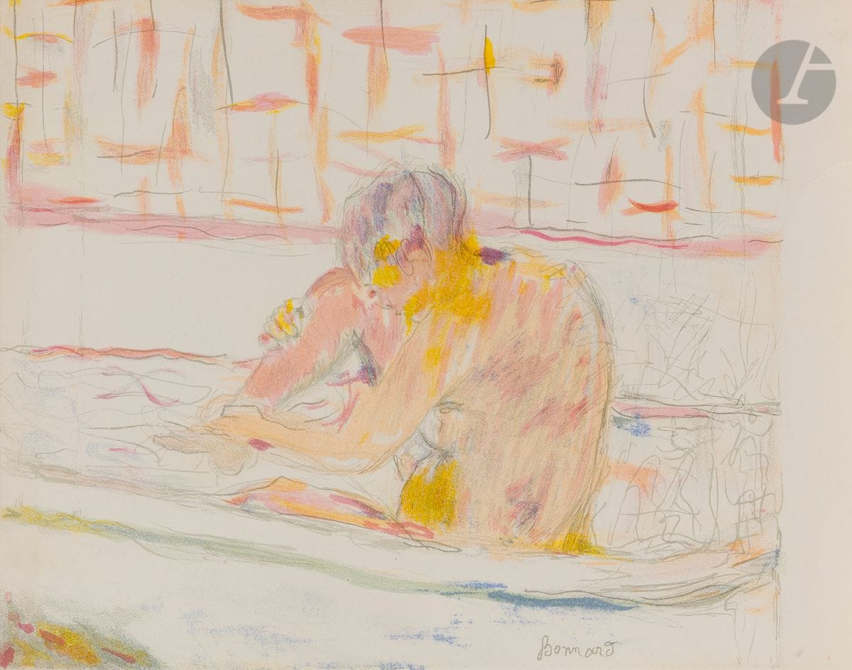 Pierre Bonnard (1867-1947)
Femme assise dans sa baignoire. Illustration pour le fascicule-programme de la « Grande Soirée Maurice Chevalier » du vendredi 14 août 1942 aux Ambassadeurs à Cannes. 1942. Lithographie. [325 x 250]. Bouvet 115. Impression en couleurs. Très belle épreuve sur vélin fort crème, de la couverture seule (sans le fascicule). Le bord gauche du feuillet légèrement déchiqueté (suite à l’arrachage du fascicule). Petits accidents dans les angles supérieurs.