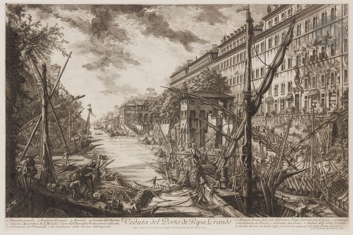 Giambattista Piranesi (1720-1778)
Veduta del Porto di Ripa Grande (Vue du port de Ripa Grande). 1753. Eau-forte et burin. 616 x 405 [765 x 538]. Hind 27 (iv/vi). Très belle et fraîche épreuve sur vergé fort, le prix effacé, avant le numéro 51. Numéro de folio 52 à la plume et à l’encre sépia dans l’angle supérieur droit. Pli vertical médian normal, légèrement jauni en pied au recto. Bord gauche irrégulier, légèrement déchiqueté, avec petits trous d’onglets de reliure. Grandes marges. 1er tirage parisien.