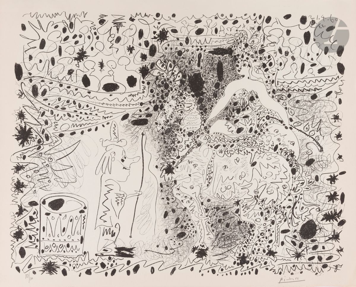 Pablo Picasso (1891-1973
)The Squire. 1960. Autograph. 640 x 500. Mourlot 333; Bloch 999; Güse-Rau 699. Very nice proof on white vellum, before the lithographed signature, before the numbered edition for the newspaper Le Patriote (Nice), numbered and signed in pencil. Slight oblique folds in the upper and lower right corners. All margins. Edition of 200 proofs.
