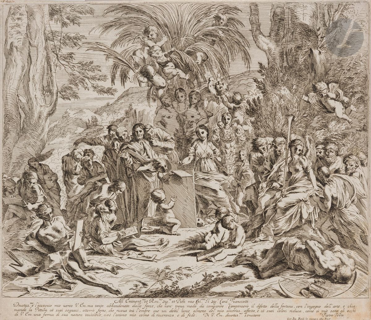 Pietro Testa (1617-1650)
La Peinture assise au milieu des plus habiles maîtres de l’art qui invitent leurs disciples à imiter la nature et ses grâces. Eau-forte. 332 x 290. Bartsch 29. Très belle épreuve sur vergé, rognée au coup de planche. Fines bandes de papier gommé aux bords du feuillet au verso. Quelques rousseurs claires en bas à droite.