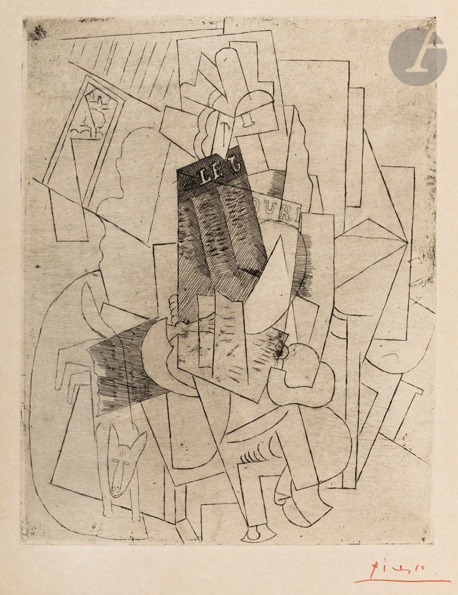 Pablo Picasso (1891-1973
)Man with a dog (Schoelcher street). 1915-1930. Etching and scraping. 217 x 278. Bloch 28; Baer 39 B d. Very nice and fresh proof, one of the 40 on japanese old ivory laid paper, printed with a light background tint, signed in red pencil. Some short traces of folds. Slight foxing at the top edge of the leaf. All margins untrimmed [286 x 460]. Printed in 1947 by Lucien Vollard and Marcel Lecomte. Total edition of approximately 100 prints. 

"The copper was acquired by Vollard in 1930 and not printed by him. The proofs were not, strictly speaking, "edited". It was Marcel Lecomte who took care of them and it was he who had them signed by Picasso, probably in the late 1950s." (Bernhardt Geiser, revision Brigitte Baer, Picasso peintre-graveur tome I, Catalogue raisonné de l'œuvre gravé et lithographié et des monotypes 1899-1931, Bern, Kornfeld, 1996, p. 86, note 2.)


