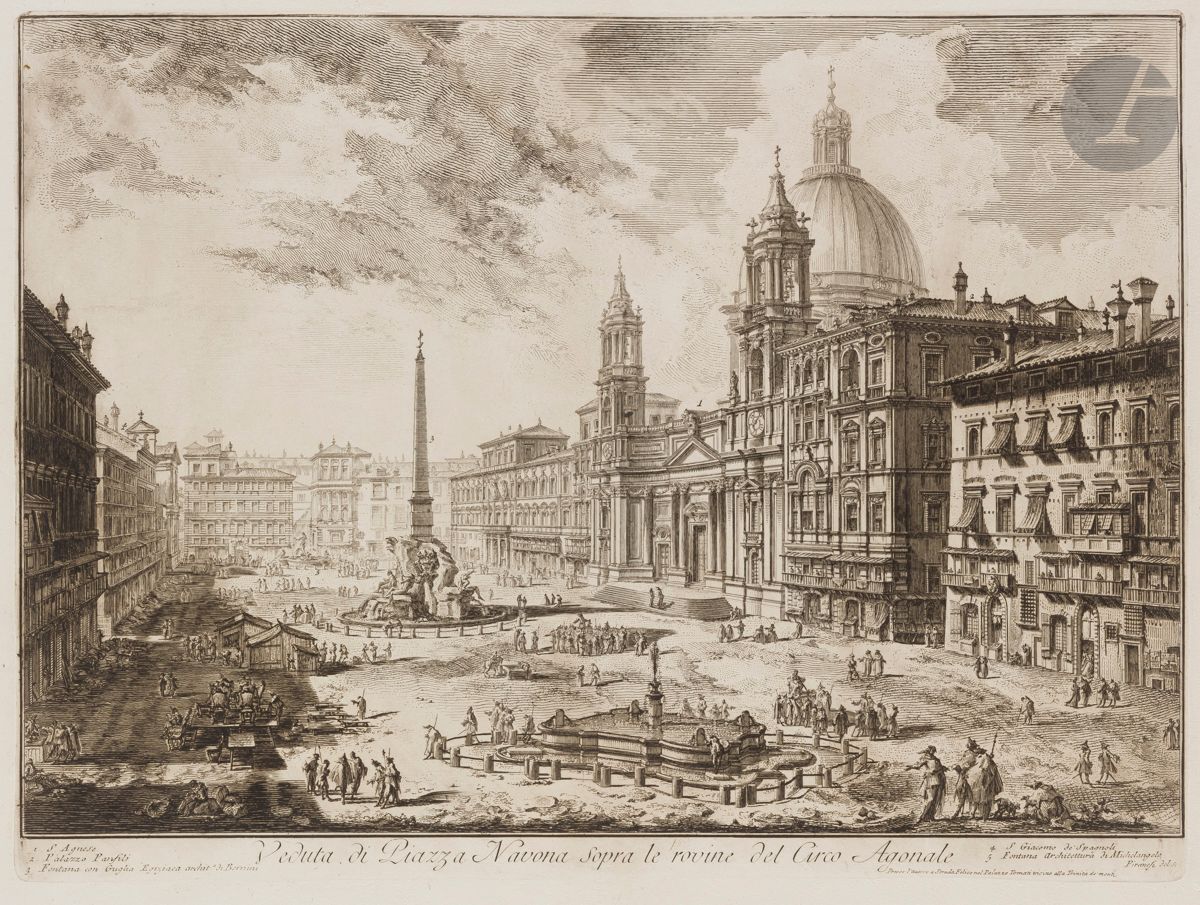 Giambattista Piranesi (1720-1778)
Veduta di Piazza Navona sopra le rovine del Circo Agonale (La Place Navone). 1751. Eau-forte et burin. 550 x 405 [765 x 540]. Hind 16 (v/vi). Très belle épreuve sur vergé fort, le prix effacé, avant le numéro 28. Numéro de folio 29 à la plume et à l’encre sépia dans l’angle supérieur droit. Pli vertical médian normal jauni au recto, avec renfort en pied au verso. Un pli vertical cassé et petite tache d’encre sépia en marge supérieure. Bord gauche irrégulier, légèrement déchiqueté, avec petits trous d’onglets de reliure. Grandes marges. 1er tirage parisien.