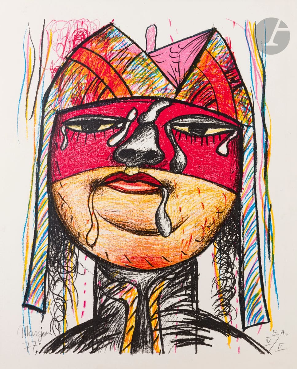 Maryan S. Maryan (Pinchas Burstein, dit) (américain d’origine polonaise, 1927-1977)
Visage. 1977. 
Lithographie. À vue : 83 x 68,5 cm. Impression en couleurs. 
Très belle épreuve sur vélin, signée, datée et justifiée « E.A. IV/VI » au crayon. Toutes marges. Cadre.