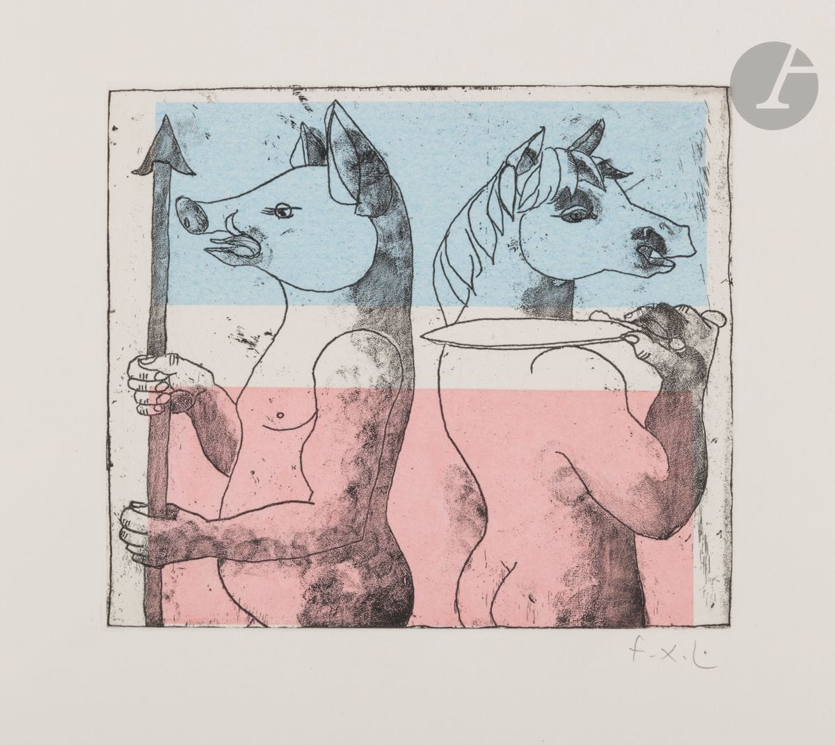 François-Xavier Lalanne (1927-2008)
Des zoomorphoses. (Pl. pour Bestiaire légendaire, Paris, Serendip, 2005). 
Vernis mou et bandes de papier de soie teinté collées. 38 x 28 cm.
Parfaite épreuve sur vélin blanc, signée des initiales au crayon, contenue dans la chemise de l’édition avec texte typographié. Tirage à 75 épreuves.