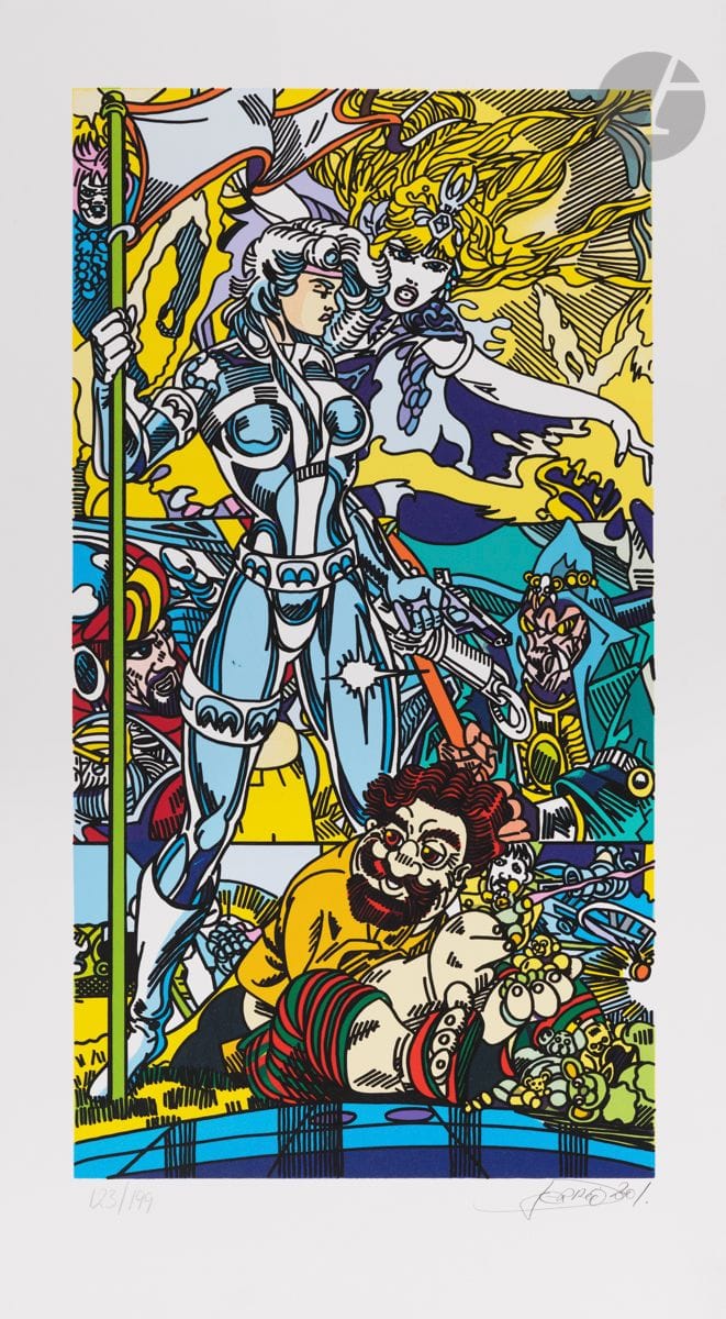 Erró (Guðmundur Guðmundsson, dit) (islandais, né en 1932)
Jeanne d’Arc. 2001. 
Lithographie. 100 x 55,3. Impression en couleurs.
Parfaite épreuve tirée pleine feuille sur vélin blanc fort, signée et datée au crayon. Toutes marges. Tirage à 199 épreuves.