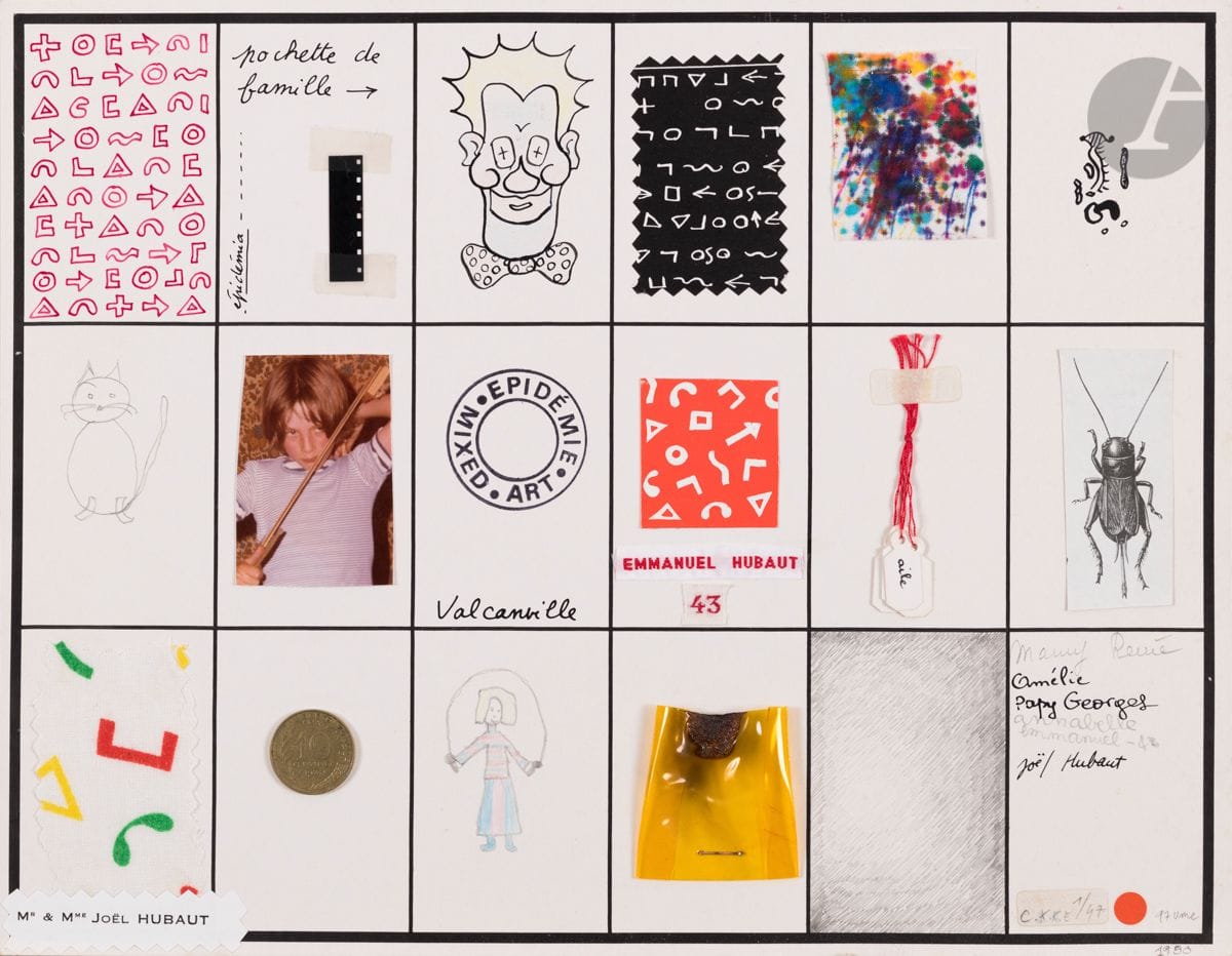 Joël Hubaut (né en 1947)
Pochette de famille. 1980.
Collage d’objets, photo et vignettes avec dessins sur carton. 22,5 x 28,5 cm.