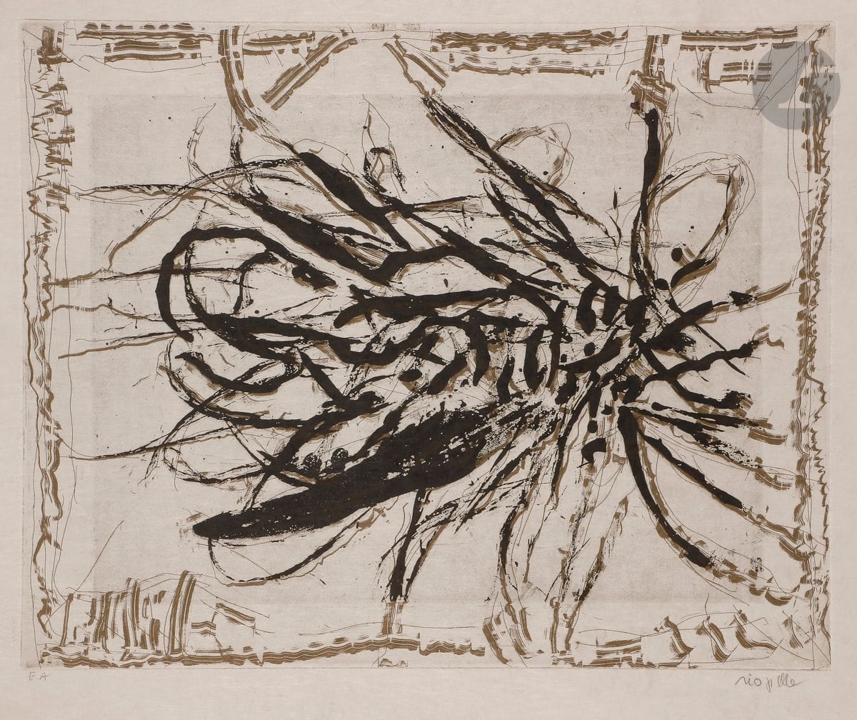 Jean-Paul Riopelle (canadien, 1923-2002) 
Autres mouches n° 4. (Pl. d’une suite de 5). 1985. 
Eau-forte et aquatinte. 51,5 x 68 cm. Riopelle 1985.16. Impression en couleurs. 
Très belle épreuve sur japon nacré, justifiée « E.A. » et signée au crayon. Rousseurs claires éparses. Infimes traces de plis aux bords du feuillet. Toutes marges non ébarbées. Tirage définitif à 75 épreuves. Galerie Lelong S.A. éd.