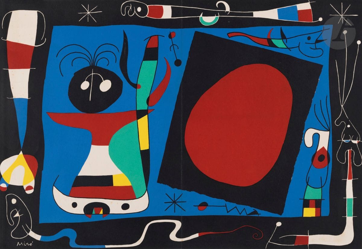 
Joan Miró (1893-1983)



Femme au miroir. 1956. 



Lithographie. 37,5 x 55 cm. Impression en couleurs.



Belle épreuve sur vélin, tirée pleine feuille, avec le pli vertical médian, du tirage pour Dix ans d’édition, Maeght éd. Quelques rousseurs claires, notamment perceptibles dans les blancs.



Mourlot 174 ; Cramer 36. 
