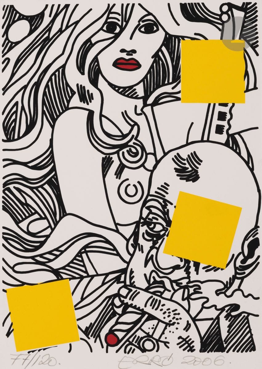 Erró (Guðmundur Guðmundsson, dit) (islandais, né en 1932)
Nu. 2006. 
Sérigraphie en couleurs. 38 x 27 cm. 
Parfaite épreuve sur vélin blanc, numérotée, signée et datée au crayon. Toutes marges. Tirage à 120 épreuves. Janninck éd. (timbre « Naked » au centre au verso).