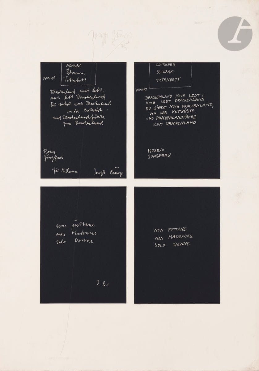 Joseph Beuys (allemand, 1921-1986)
Gletscher Schwamm Totenbett (Glacier éponge lit de mort). 1979. 
Héliogravure (blanc sur fond noir). 100 x 70 cm.
Bonne épreuve sur vélin blanc fort, signée et numérotée au crayon dans la marge supérieure. Fortes traces de plis de manipulation, pli horizontal médian et petites salissures. Toutes marges. Tirage à 75 épreuves.
