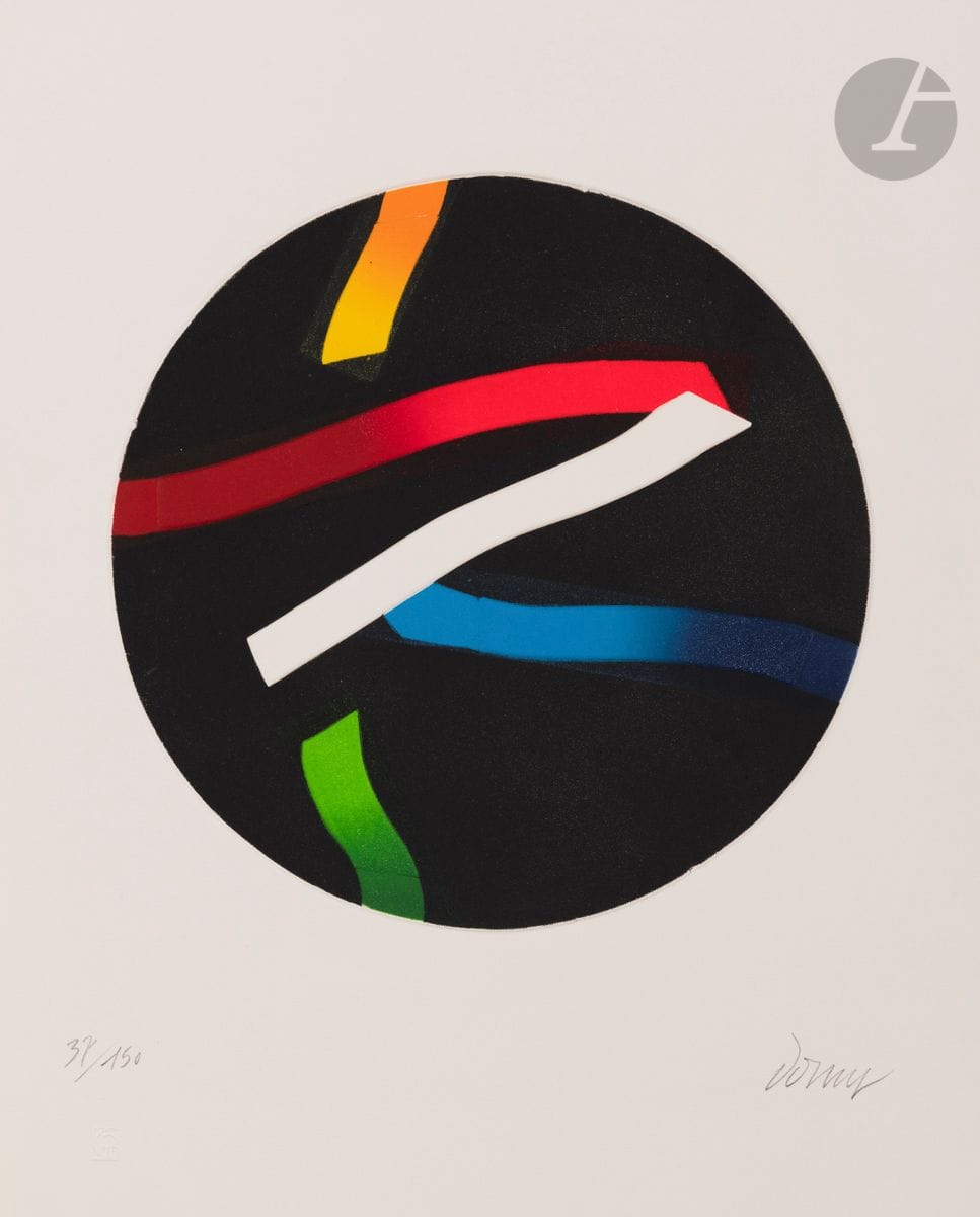 Bertrand Dorny (1931-2015)
N° 585. 1989.
Aquatinte sur deux zincs. 46,5 x 37,7 cm. Arnaud 585. Impression en couleurs. 
Parfaite épreuve sur vélin blanc, numérotée, titrée et signée au crayon. Toutes marges non ébarbées. Tirage à 150 épreuves. Timbre sec : Société des Peintres-Graveurs Français (Lugt 1195a).