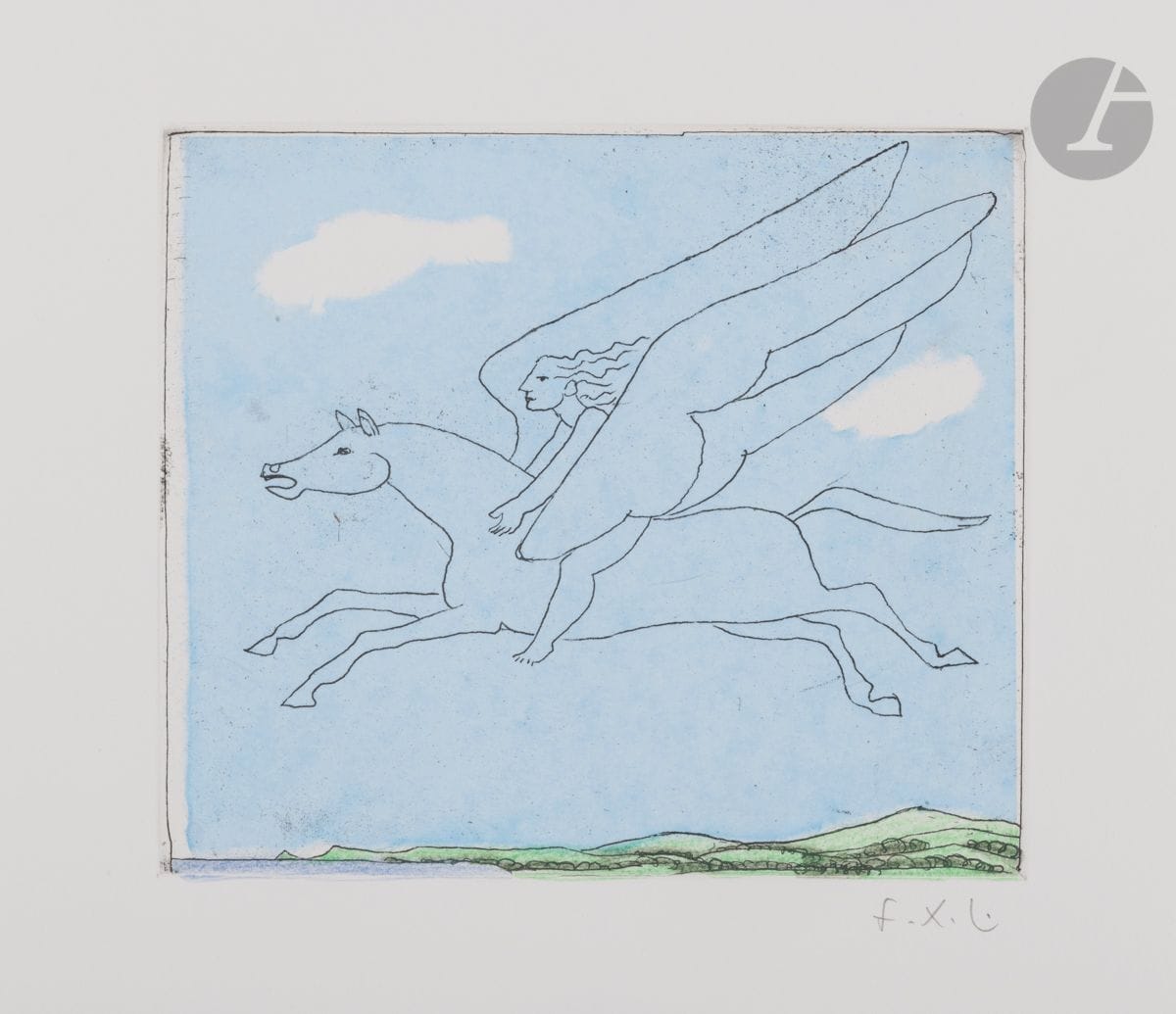 François-Xavier Lalanne (1927-2008)
Pégase. (Pl. pour Bestiaire légendaire, Paris, Serendip, 2005). 
Eau-forte et vernis mou. 38 x 28 cm.
Parfaite épreuve sur chine teinté appliqué sur vélin blanc, avec rehauts de crayon verts et bleus, signée des initiales au crayon, contenue dans la chemise de l’édition avec texte typographié. Tirage à 75 épreuves.