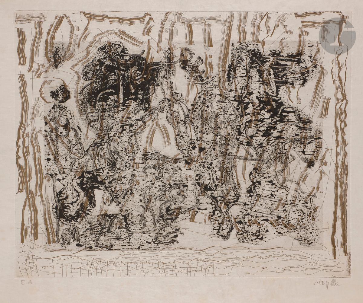 Jean-Paul Riopelle (canadien, 1923-2002) 
Autres mouches n° 1. (Pl. d’une suite de 5). 1985. 
Eau-forte et aquatinte. 51,5 x 68 cm. Riopelle 1985.13. Impression en couleurs. 
Très belle épreuve sur japon nacré, justifiée « E.A. » et signée au crayon. Rousseurs claires éparses. Infimes traces de plis aux bords du feuillet. Toutes marges non ébarbées. Tirage définitif à 75 épreuves. Galerie Lelong S.A. éd.