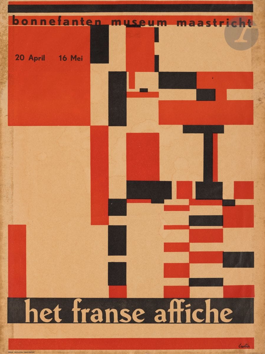 Caveto (Jan Dohmen, dit) (néerlandais, né en 1923)
Het franse affiche. Affiche pour une exposition au Bonnefanten Museum, Maastricht, 1954.
Impression typographique en couleurs. 61 x 46,5 cm.
Belle épreuve sur vélin mince beige. Timbre des Gemeente musea (musées municipaux) au verso. Bandes de papier kraft sur le pourtour au verso, avec oxydation correspondante au recto. Infime arrachement au bord inférieur.