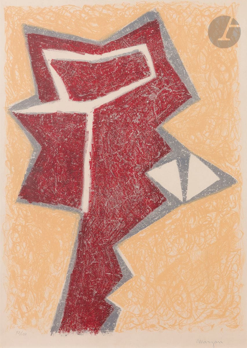Maryan S. Maryan (Pinchas Burstein, dit) (américain d’origine polonaise, 1927-1977)
Composition abstraite. Vers 1975. 
Lithographie. À vue : 63 x 46 cm. Impression en couleurs. 
Très belle épreuve sur vélin, numérotée et signée au crayon. Toutes marges. Cadre.