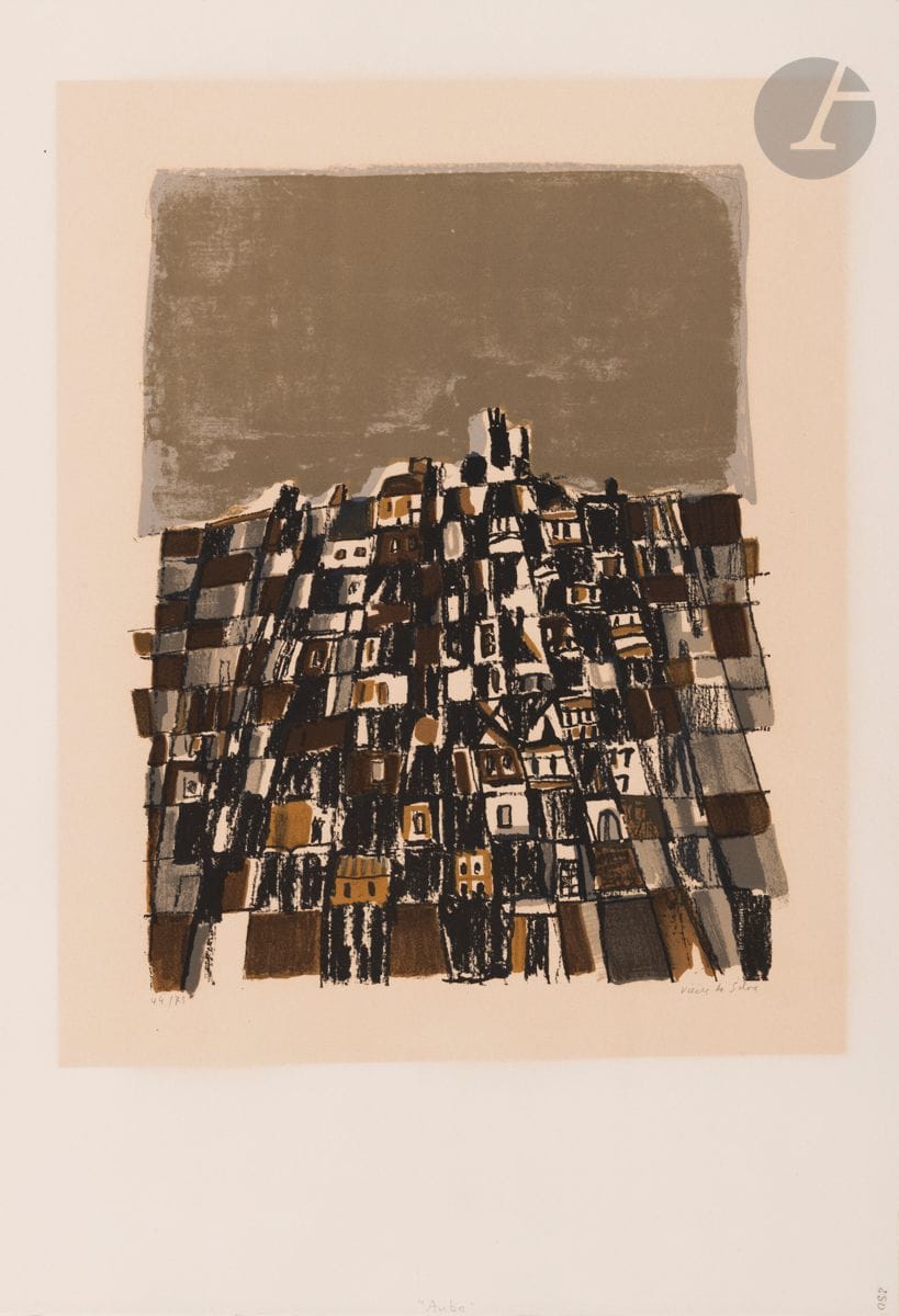 Maria Helena Vieira da Silva (portugaise, 1908-1992)
La Ville. 1966. 
Lithographie. 52 x 36,5 cm. Weelen 89. Impression en couleurs. 
Belle épreuve sur vélin crème, numérotée et signée au crayon, portant l’inscription « Aube » au centre en pied du feuillet. Forte insolation à l’ouverture du passe-partout. Toutes marges. Tirage à 75 épreuves. Éd. de la revue XXe siècle.