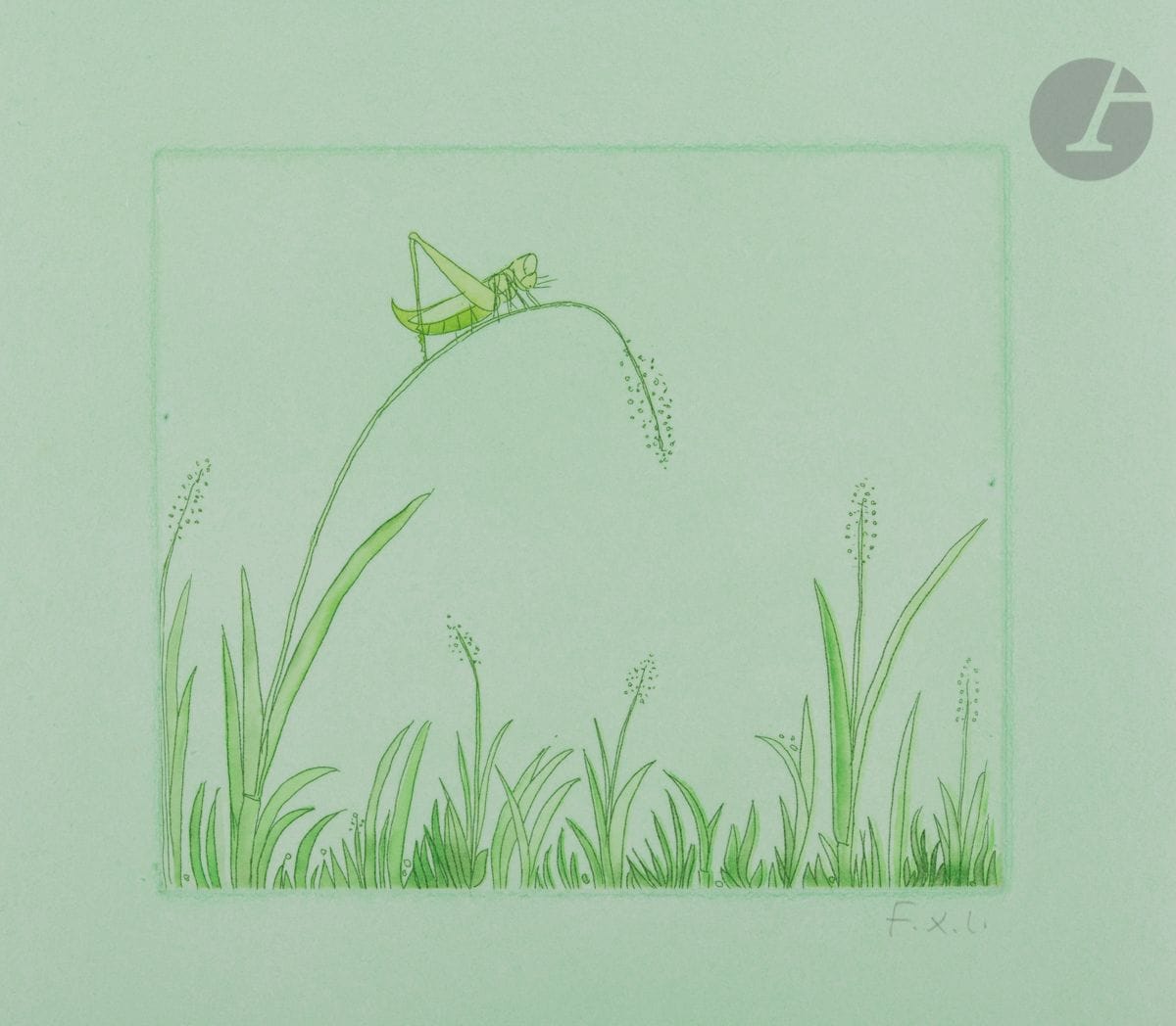 François-Xavier Lalanne (1927-2008)
La Sauterelle. (Pl. pour Bestiaire ordinaire, Paris, Serendip, 2003). 
Eau-forte et aquatinte. 38 x 28 cm. Impression en deux tons de vert sur vélin Moulin du gué teinté en vert prairie. 
Parfaite épreuve sur vélin blanc, signée des initiales au crayon, contenue dans la chemise de l’édition avec texte typographié. Tirage à 75 épreuves.