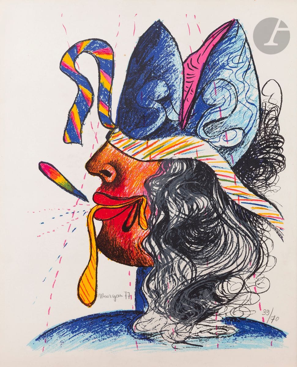 Maryan S. Maryan (Pinchas Burstein, dit) (américain d’origine polonaise, 1927-1977)
Visage de profil aux yeux bandés. 1977. 
Lithographie. À vue : 84 x 69 cm. Impression en couleurs. 
Très belle épreuve sur vélin, signée, datée et numérotée au crayon. Deux minuscules rousseurs circulaires dans l’angle supérieur droit du feuillet. Trace claire d’oxydation le long du bord droit. Toutes marges. Tirage à 70 épreuves. Cadre.