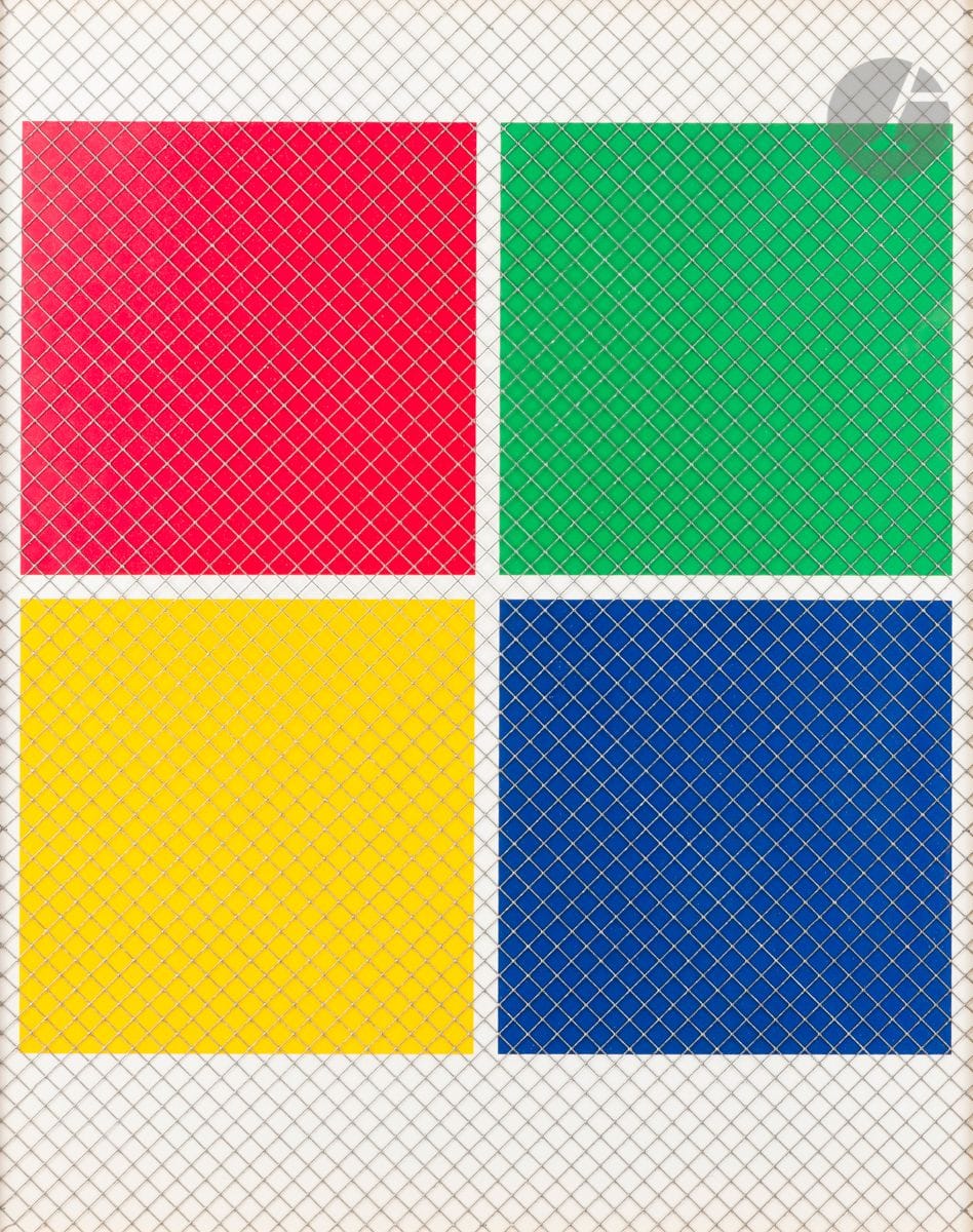 Jean-Pierre Raynaud (né en 1939)
Grillage quatre couleurs. 1972-1975. 
Sérigraphie. À vue : 75,5 x 60,5 cm. D. Durand-Ruel 560. 
Très belle épreuve sur vélin blanc collé sur carton et grillage, signée, datée et justifiée « E.A. XIV/XV » au crayon en bas à gauche au verso, avec le timbre de l’éditeur Emmy de Martelaere. Toutes marges. Tirage définitif à 99 épreuves. Cadre-boîte.