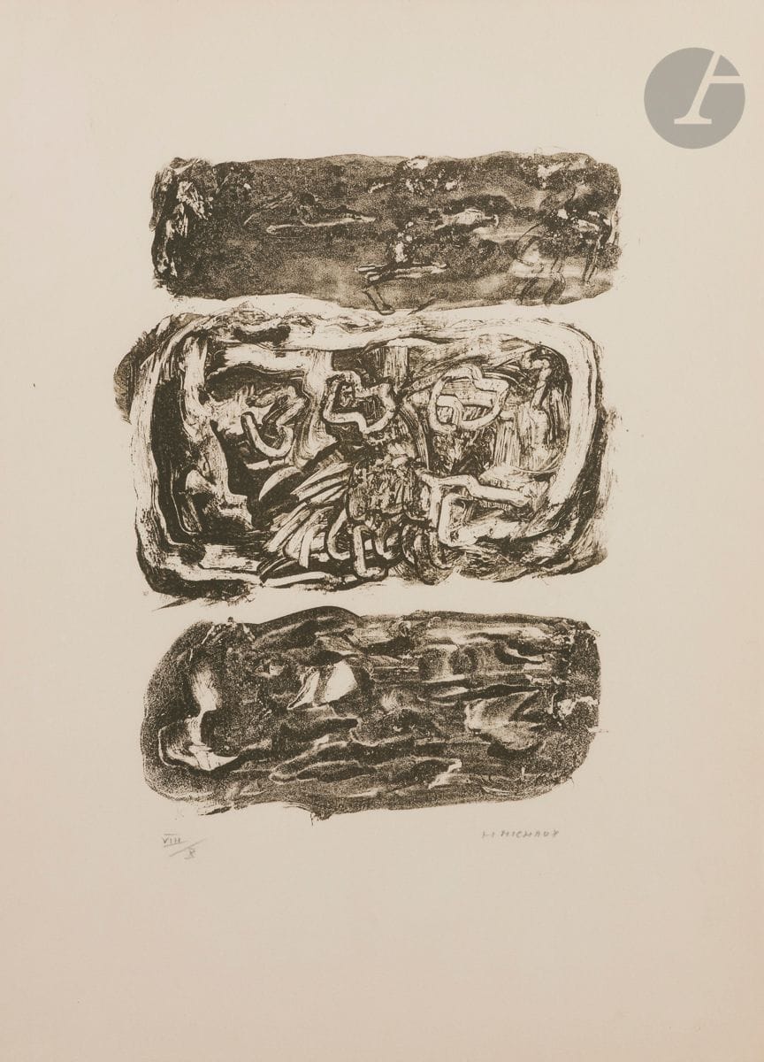 Henri Michaux (1899-1984)
Sans titre. 1967. 
Lithographie. 45 x 32 cm. Mason-Cherix 58.
Très belle épreuve tirée en noir-brun sur vélin ivoire, l’une des 10 numérotées en chiffres romains, signée au crayon. Toutes marges. Tirage total à 50 épreuves. Le Point Cardinal éd. Cadre. 
Joint : catalogue d’exposition, Henri Michaux 50 lithographies originales, 1967 / 1974 / 1984, Le Point Cardinal, 1984. Une plaquette in-4 carrée.