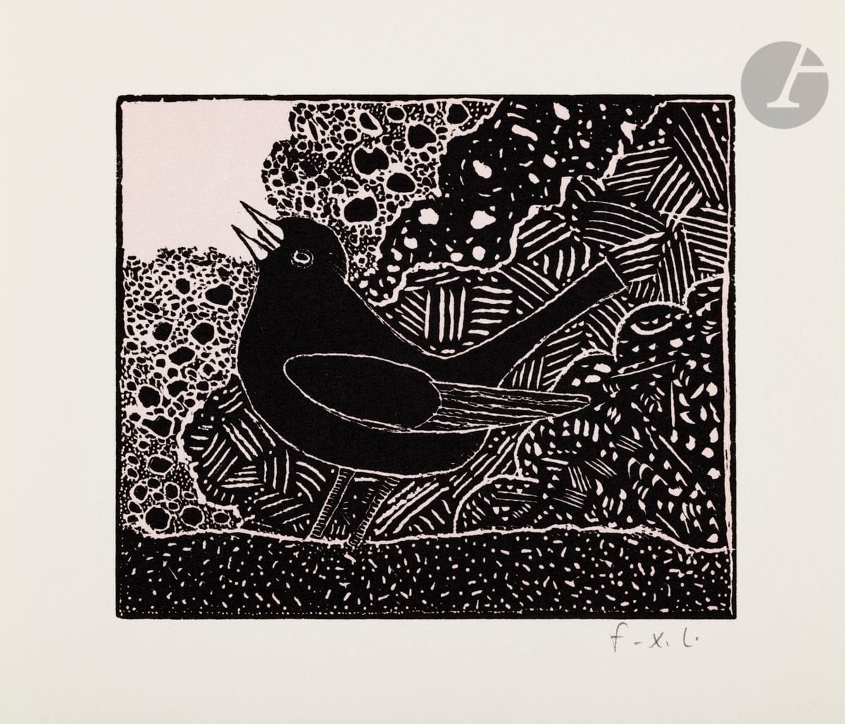 François-Xavier Lalanne (1927-2008)
Le Merle. (Pl. pour Bestiaire ordinaire, Paris, Serendip, 2003). 
Gravure sur linoléum. 38 x 28 cm. Impression avec teinte de fond rose pâle. 
Parfaite épreuve sur vélin blanc, signée des initiales au crayon, contenue dans la chemise de l’édition avec texte typographié. Tirage à 75 épreuves.
