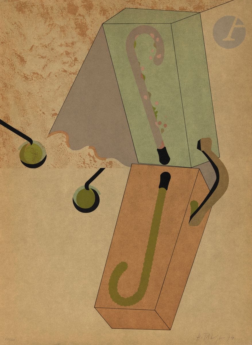 Hervé Télémaque (né en 1937)
Lame de fond. 1974.
Lithographie. 76 x 56 cm. Impression en couleurs. 
Très belle épreuve sur vélin, tirée pleine feuille, l’une des 25 numérotées en chiffres romains, signée et datée au crayon. Tirage définitif à 75 épreuves. Polígrafa éd., Barcelone.