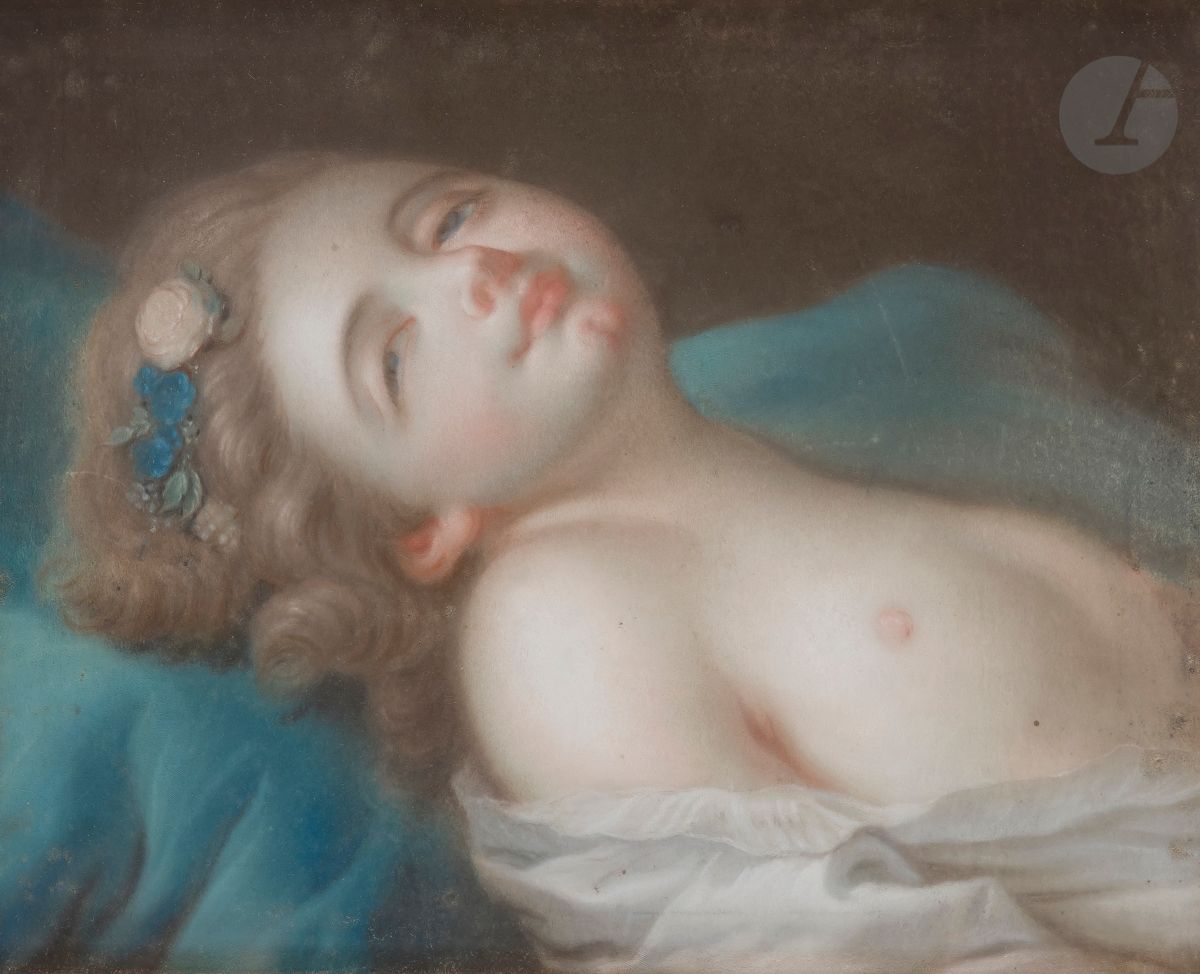 ÉCOLE FRANÇAISE du XVIIIe siècle
Femme au buste dénudé
Pastel.
(Déchirure sur le bord supérieur, usures).
30 x 38,5 cm