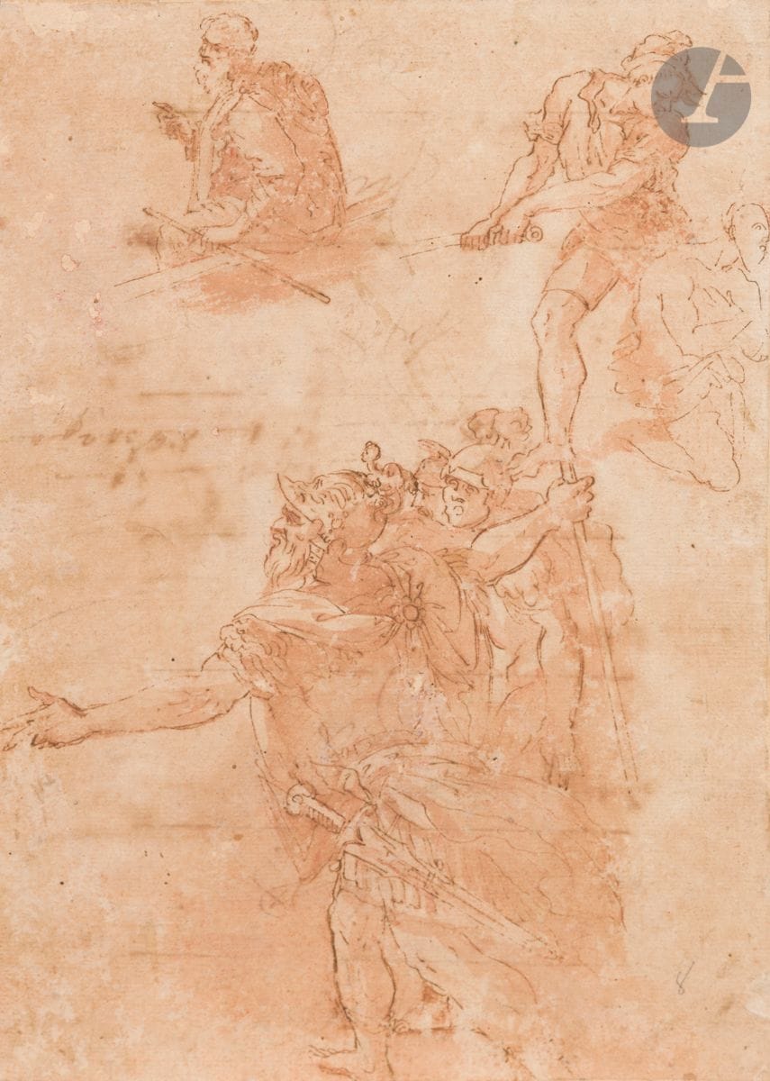 ÉCOLE ITALIENNE du XVIIe siècle
Groupe de soldats et autres études
Plume et encre brune, lavis de sanguine.
Numérotée « 8 » en bas à droite, annotations diverses au verso.
(Épidermures, dessin doublé).
25,6 x 16,9 cm