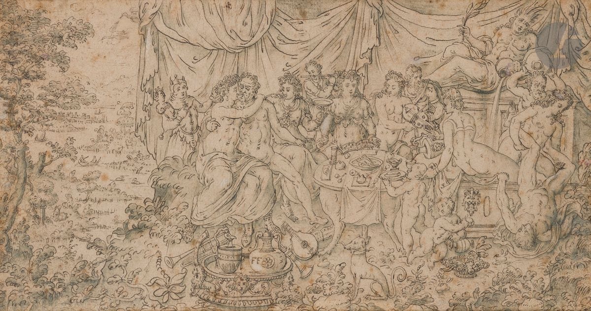 ÉCOLE FLAMANDE fin XVIe, entourage de Frans Floris
Le Festin des dieux
Plume et encre noire, lavis gris.
Annotée dans le bas postérieurement « FF ».
20 x 30 cm environ.