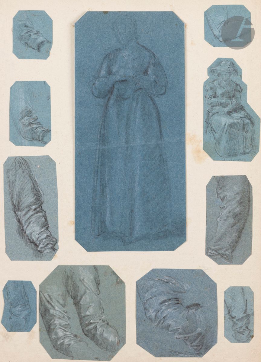 ÉCOLE FRANÇAISE du XIXe siècle
Onze études de femmes et manches sur le même montage
Crayon noir, rehauts de craie blanche sur papier bleu.
(Pliures, petit trou, petites taches).
Dimensions variées