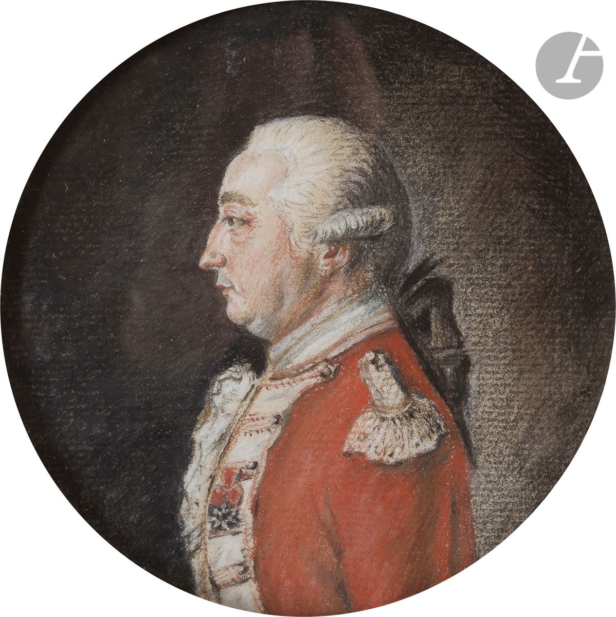Joseph VALLIÈRE (actif au XVIIIe siècle)
Portrait d’homme en veste rouge de profil
Gouache et crayon noir.
Diamètre : 12cm