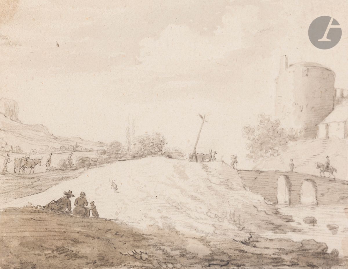 ÉCOLE HOLLANDAISE du XVIIe siècle
Personnages allongés près d’un pont
Crayon noir, plume et encre noire, lavis brun. 
(Petite déchirure en haut à gauche, petite mouillure en bas à droite).
13 x 19 cm