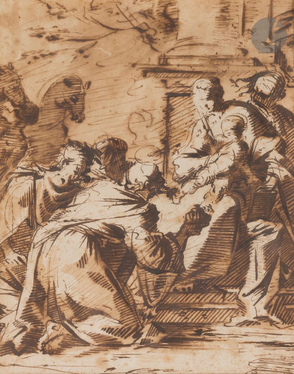 ÉCOLE FLAMANDE du XVIIe siècle
L’Adoration des mages
Plume et encre brune, lavis brun. 
(Taches).
16,7 x 13 cm