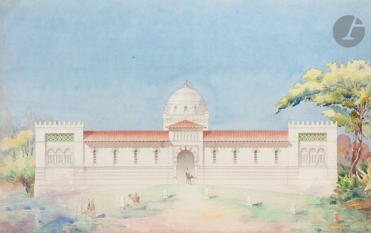 Attribué à Denis-Louis DESTORS 
(Gonesse 1816 - Choisy-Le-Roi 1882)
Projet de monastère et chameaux
Aquarelle sur traits de crayon.
Traces de monogramme et de date sur le montage.
63 x 98,5 cm