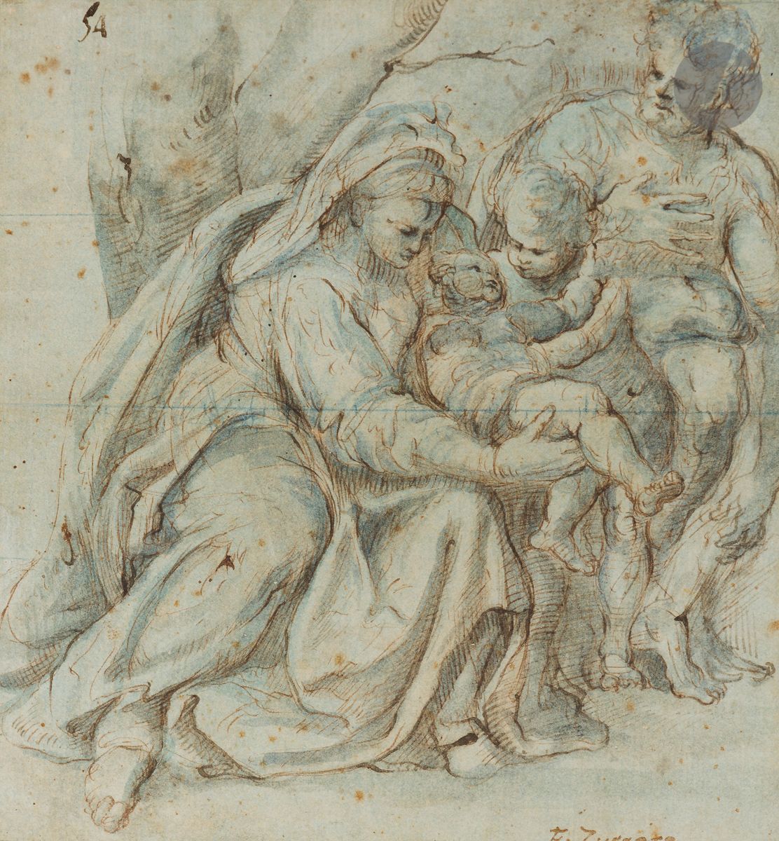 ÉCOLE MILANAISE du XVIe siècle
La Sainte Famille avec saint Jean-Baptiste
Plume et encre brune, lavis d’indigo.
Traces de mise aux carreaux au crayon bleu.
Annotée « F. Zuccaro » à la plume et encre brune en bas à droite, numérotée en en haut à gauche « 54 ». 
(Quelques pliures et petites taches).
19,5 x 18 cm