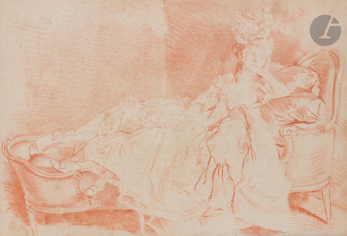 Louis Rolland TRINQUESSE 
(Paris 1746 - 1800)
Femme allongée dans une chaise longue Louis XVI
Contre-épreuve de sanguine.
(Petites rousseurs).
24,5 x 37,5 cm