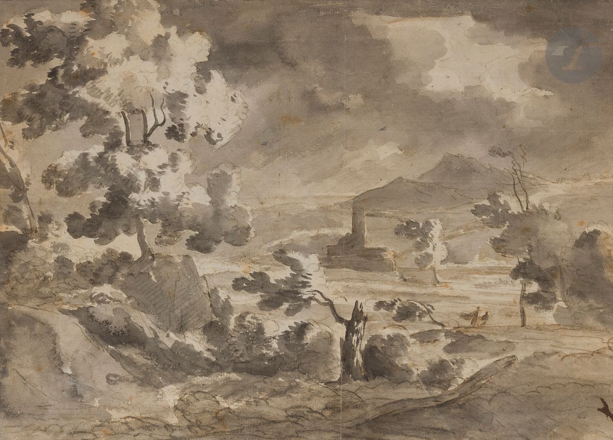 ÉCOLE FRANÇAISE du XVIIIe siècle
Paysage d’Italie
Lavis gris sur traits de crayon noir.
(Taches et pliures).
22 x 30,5 cm
